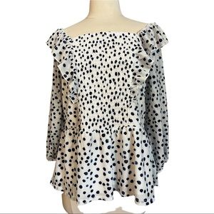 Beautiful Womens  Blouse XL  White With Blue Polka Dots Versatile Sleeves